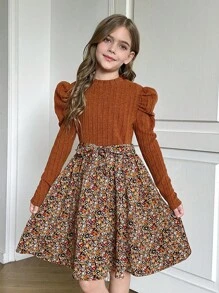 SHEIN Tween Girl Brown Color Boho Knitted Round Neck Long Sleeve Patchwork Ditsy Floral Dress, Suitable For Autumn Winter, Winter Dress For Holiday