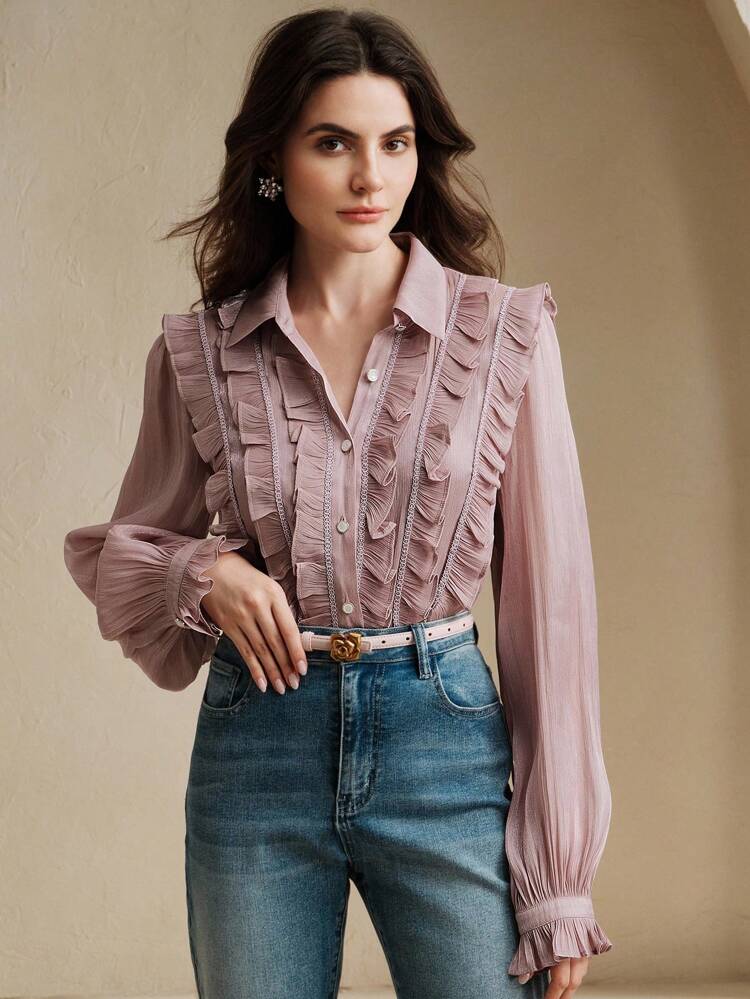 Elegant Romantic Palace Style Retro Fashionable High-End Shiny Fabric Lantern Sleeve Patchwork Ruffle Strap Purple Blouse, Suitable For Summer And Autumn