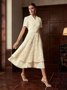 ZEYLAH 撞色蕾丝腰身收腰长袖优雅长裙，秋冬 - 杏色 - 查看 6