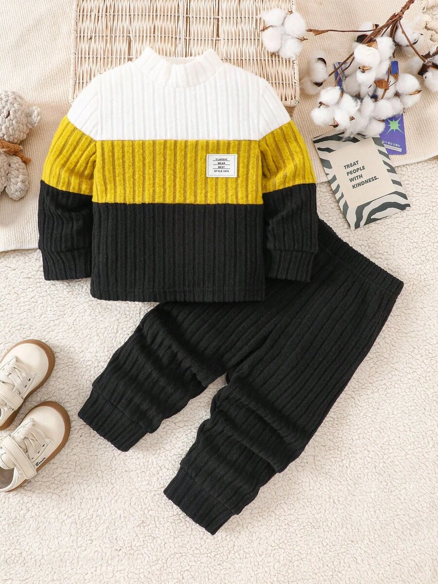 SHEIN Playful Pals Baby Boy Letter Graphic Two-Tone Long Sleeve Sweatshirt And Pants Casual Set Fall Winter - Yellow - View 1