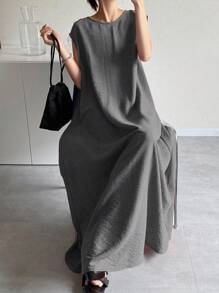 FRIFUL 女士长袖露背纯色连衣裙，女士度假沙滩夏季女装 - 深灰色 - 查看 3