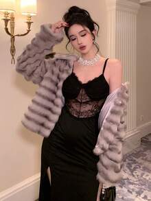 DAZY 时尚轻薄光滑蓬松领夹克，女士冬季外套 - 灰色 - 查看 7