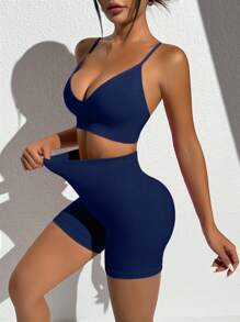 Core Rhythm Bộ đồ tập yoga thể thao liền mạch màu trơn và quần short - Màu xanh hải quân - Xem 6
