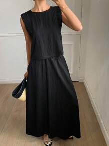 DAZY Bộ đồ gồm áo croptop không tay xếp ly ôm sát người màu trơn và chân váy cạp chun, kiểu dáng thường ngày cho kỳ nghỉ hè của nữ. - màu đen - Xem 4