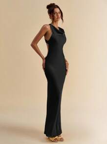 SHEIN BAE Women Summer Solid Yellow Spaghetti Strap Open Back Satin Dress - Black - View 6