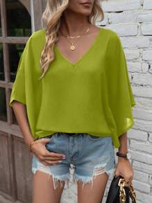 EMERY ROSE 女士休闲蝙蝠袖纯色度假衬衫 - 綠色 - 查看 3