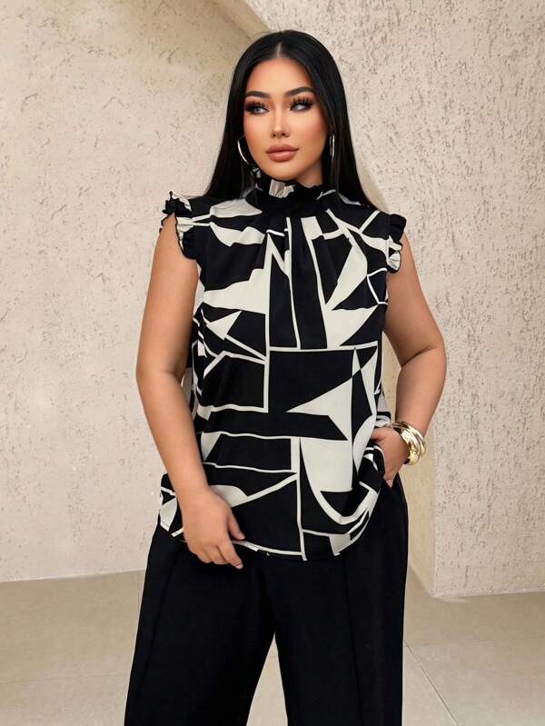 SHEIN SXY Plus Size Women's Spring And Summer Sexy Black And White Printed Fabric Ruffled Neckline And Cuffs Decorated Sleeveless Shirt, Suitable For Early Spring, Spring And Summer, Rainforest, Beach Party, Seaside Vacation, Bonfire Party, Cool And Light, Slim Fit, Comfortable To Wear, Easy To Match&Looks Slim, Accent Your Body, Flatter The Figure