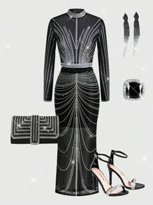 Lavishia 2pcs/Set Women Sexy Beaded Print Mesh Knit Bodycon Set - Multicolor - View 14