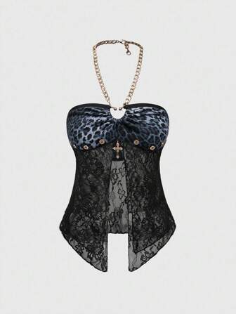 J-Fashion Top ras-du-cou à contraste de dentelle léopard sexy rétro Y2K