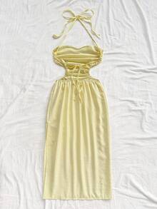 Soleia 度假吊带领镂空腰部高开叉露背系带中长连衣裙，蓝色，适合度假、音乐节、波西米亚风、节日约会、下午茶