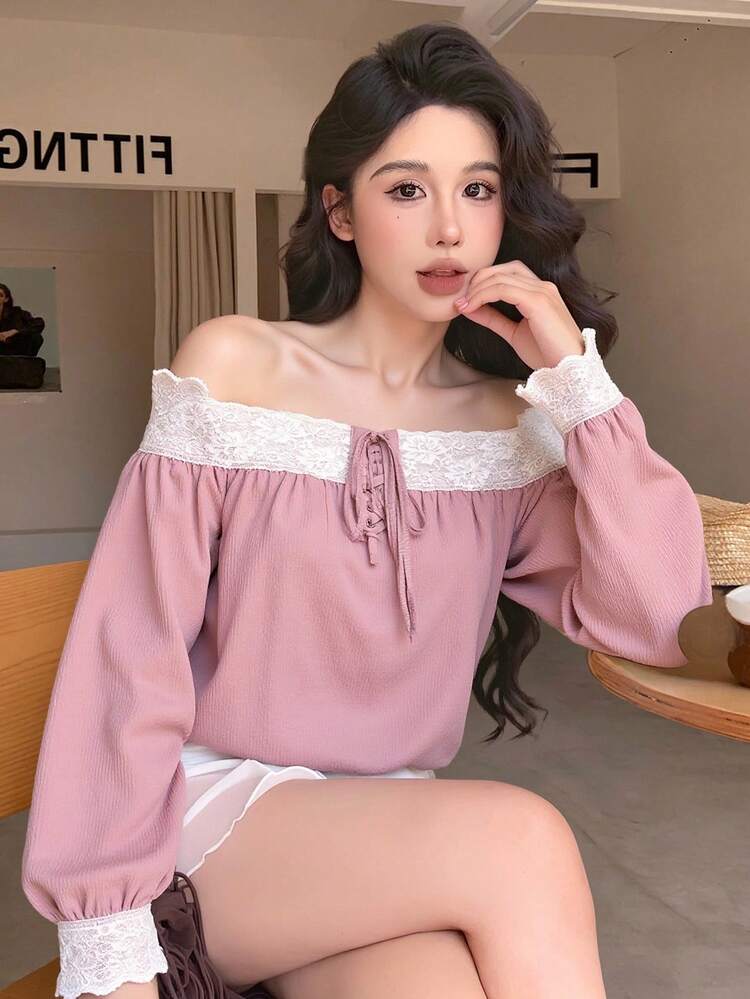 Lace Patchwork Off Shoulder Blouse With Drawstring Tie, Casual Vacation Long Sleeve Shirt For Women, Suitable For Spring, Summer And Autumn