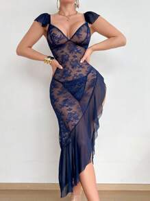 SHEIN 2 件套：性感蕾丝撞色网眼不对称荷叶边下摆长裙 + 丁字裤