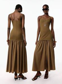 LYSMO Váy hai dây dài 2 trong 1 màu trơn đơn giản, viền bồng bềnh dành cho nữ mùa hè - Màu xanh Ô liu - Xem 1