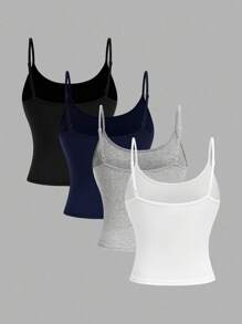 Girlism 4pcs Tween Girls' Casual Sports Minimalist Solid Color Fitted Cropped Camisole Tank Top Set