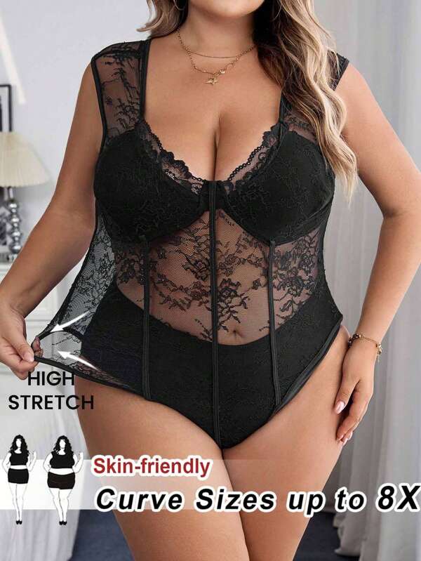 SHEIN CURVE+ Body sexy cu imprimeu floral din dantelă pentru femei, mărime plus, model patchwork
