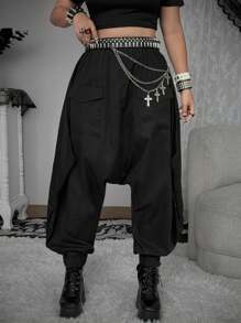 Whyspr Grunge Punk Zipper Decorated Harem Cargo Pants, Dark & Loose, Comfortable Harem Pants Oversized Pants Streetwear Pants Fall Cloth For Women - Black - View 2