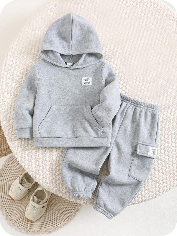 SHEIN 2 piezas Conjuntos para Bebé Niño, Sudadera con capucha informal con estampado de letras y pantalón largo de cintura elástica, apropiado para otoño/invierno