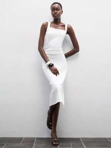 Lumivelle Sleeveless, Form-Fitting And Elegant Mid-Length Dress For Women With Swing Collar All White Summer Dress Clothes For University - White - View 5