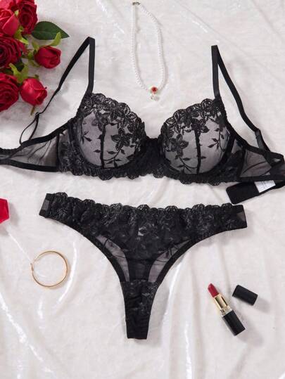 Zwart Bloemen Kanten Lingerie Set Doorschijnende Women BH view 3