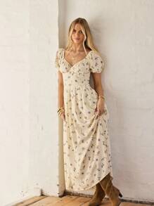 Aralina 女士秋冬休闲度假风印花甜心领泡泡袖修身连衣裙，适合乡村音乐会、教师节、毕业典礼等场合。 - 彩色 - 查看 7