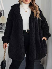 SHEIN CURVE+ Áo khoác hoodie len pha trộn họa tiết màu đen cỡ lớn dành cho nữ, dành cho mùa đông/thu/đông - màu đen - Xem 3