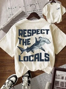 INAWLY Summer Casual Shark & Letter Print Short Sleeve T-Shirt - Apricot - View 1