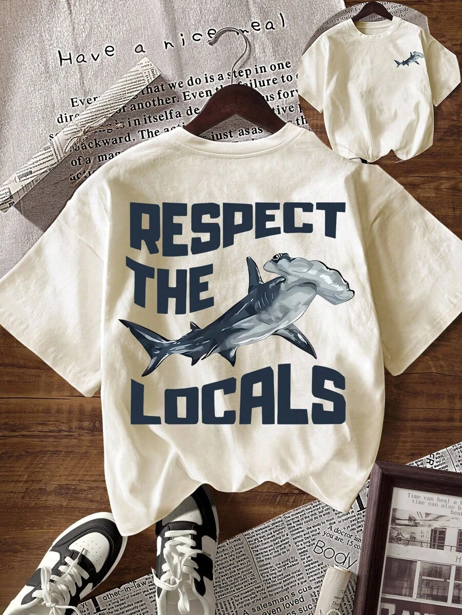 INAWLY Summer Casual Shark & Letter Print Short Sleeve T-Shirt - Apricot - View 1