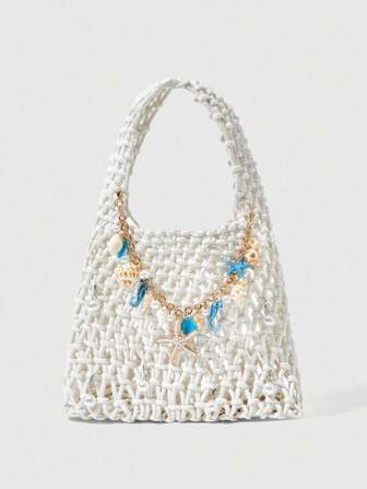 Fairycore 1 pieza Bolso de playa tejido con concha de océano azul y estrella de mar, estilo vacacional, que incluye 1 bolso y 1 set de accesorios, para mujer, para primavera/verano