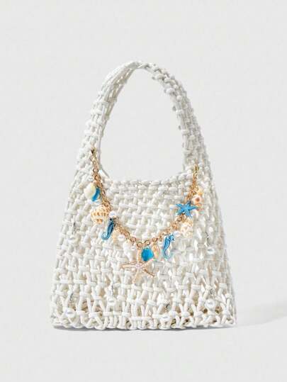 Fairycore 1pc Deep Blue Ocean Woven Beach Bag, Vacation Style, DIY Accessory For Women, Includes 1 Bag And 1 Set Of Accessories, Suitable For Spring/Summer