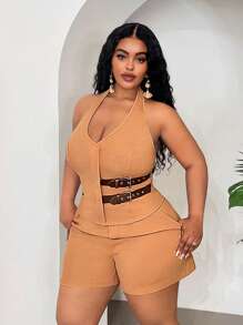 Slaydiva Veslaya Plus Size Women Halter Neck Low-Cut Vest & Shorts 2pcs Suit,Black And White,Summer,Classy,Night Out Club Two Piece Matching Curvy Outfit Set - Khaki - View 6