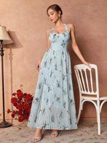 SHEIN Unity 浅蓝色优雅浪漫褶皱胸围设计腰部收紧露肩花卉印花连衣裙，婚礼宾客礼服，仙女裙 - 藍色 - 查看 6