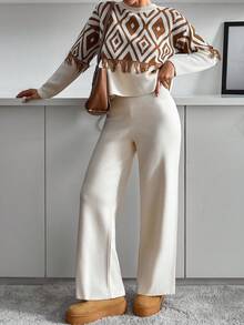 EURMUSE Plus Size Casual Crew Round Neck Ikatt Jacquard Pattern Color Block Fringe Detailed Sweater & Wide Leg Solid Color High Waist Welt Pocket On The Back 2 Piece Knit Set For Fall Wİnter Women - Multicolor - View 1