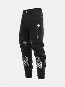 修身骷髅十字架印花男童牛仔裤，可调节腰围，经典五口袋设计，充满万圣节氛围，街头风必备单品 - 黑色 - 查看 1