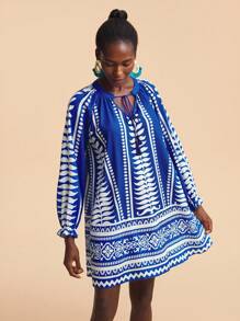 Travachic Women's Royal Blue Autumn Boho Vacation Holiday Plant Graphic Tassel Tie Neck Raglan Sleeve Loose Mini Shift Printed Tunic Blue And White Dress - Blue - View 4