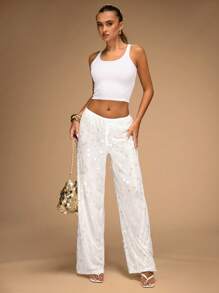 SHEIN BAE Quần ống rộng sequin cạp thấp cho nữ, thích hợp cho kỳ nghỉ hè ở bãi biển - trắng - Xem 3