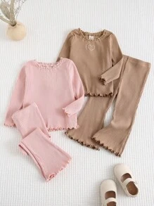 Cozy Pixies 4 pièces Ensemble Top à manches longues avec col rond, volants et pantalon large à motif en forme de cœur tricoté doux pour bébé fille