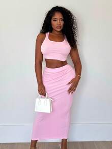 Alexandranx Conjunto de dos piezas para mujer, top sin mangas y falda, de unicolor y diseño sencillo - Rosa - Ver 5