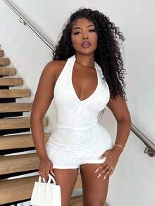 Bộ đồ liền thân bó sát có dây buộc cổ yếm cho nữ dùng cho trang phục dự tiệc ngày lễ - trắng - Xem 4