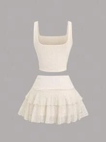 Sweetra Women's Spring/Summer European And American Fashion Minimalist Sexy Lace Ruffle Tank Top + Cake Skirt 2-Piece Casual Travel Versatile Set - Apricot - View 2