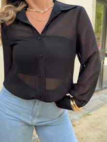 Jeta Ari Sheer Button Front Shirt Without Bra,Long Sleeve Tops