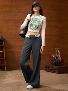 HARRY POTTER X SHEIN Women's Slyther In Snake & Letter Graphic Lettuce Trim Cropped Raglan Sleeve Top Mesh Tops Preppy Back To School, Summer Fall - White - View 6