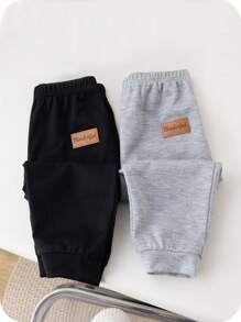 SHEIN 2pcs Baby Boy/Girl Casual Simple Solid Color Elastic Waist Long Pants Set, All-Match Style - Multicolor - View 1