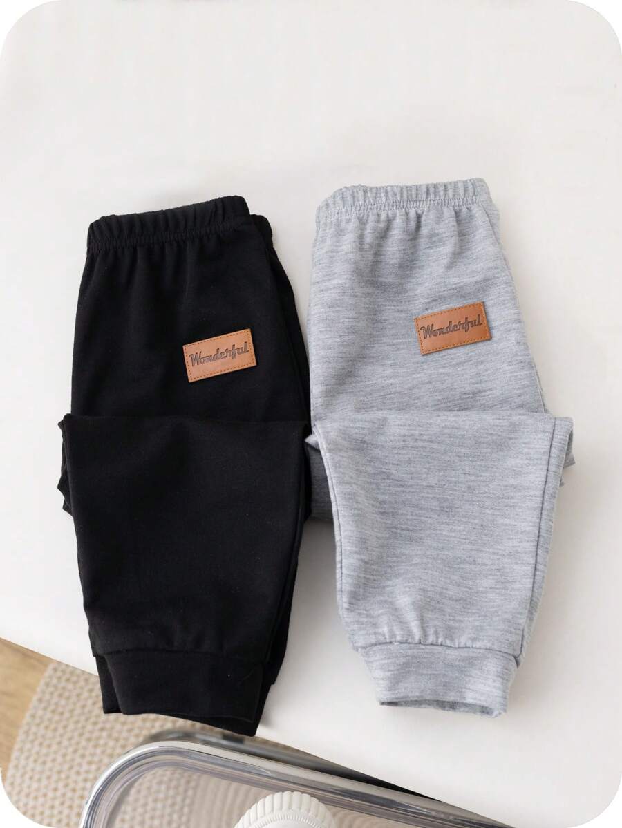 SHEIN 2pcs Baby Boy/Girl Casual Simple Solid Color Elastic Waist Long Pants Set, All-Match Style - Multicolor - View 1