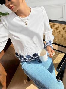 Serisse 女士度假休闲花卉刺绣衬衫 - 藍白色 - 查看 7