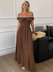 Livesso Women's Contrast Color Off Shoulder Ruffle Front Tie Dress, Fashion Dress - Brown - View 6
