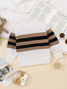 SHEIN Baby Boys Crew Neck Striped Patchwork Long Sleeve Sweaters, Multi-Color Fall Winter - White - View 2