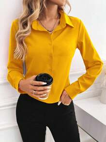 INAWLY Camisa casual de mujer con botones y borde curvo sólido