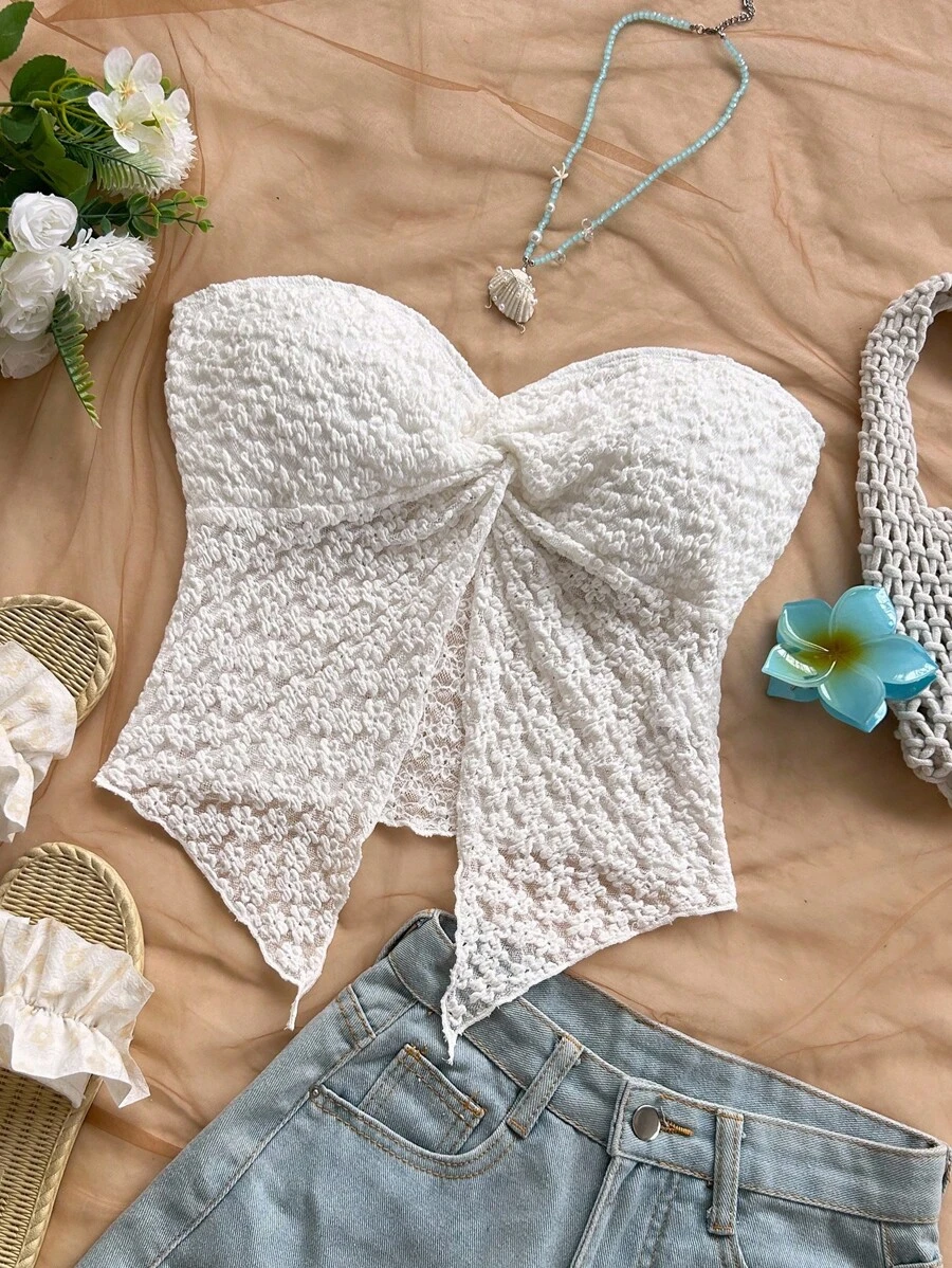 Soleia Áo crop top họa tiết hoa mơ dệt kim viền xoắn cho nữ, thích hợp cho kỳ nghỉ, trở lại trường, hẹn hò thường ngày, tiệc tùng, đám cưới, bãi biển mùa xuân/hè, lễ hội âm nhạc, phong cách boho - Màu be - Xem 1