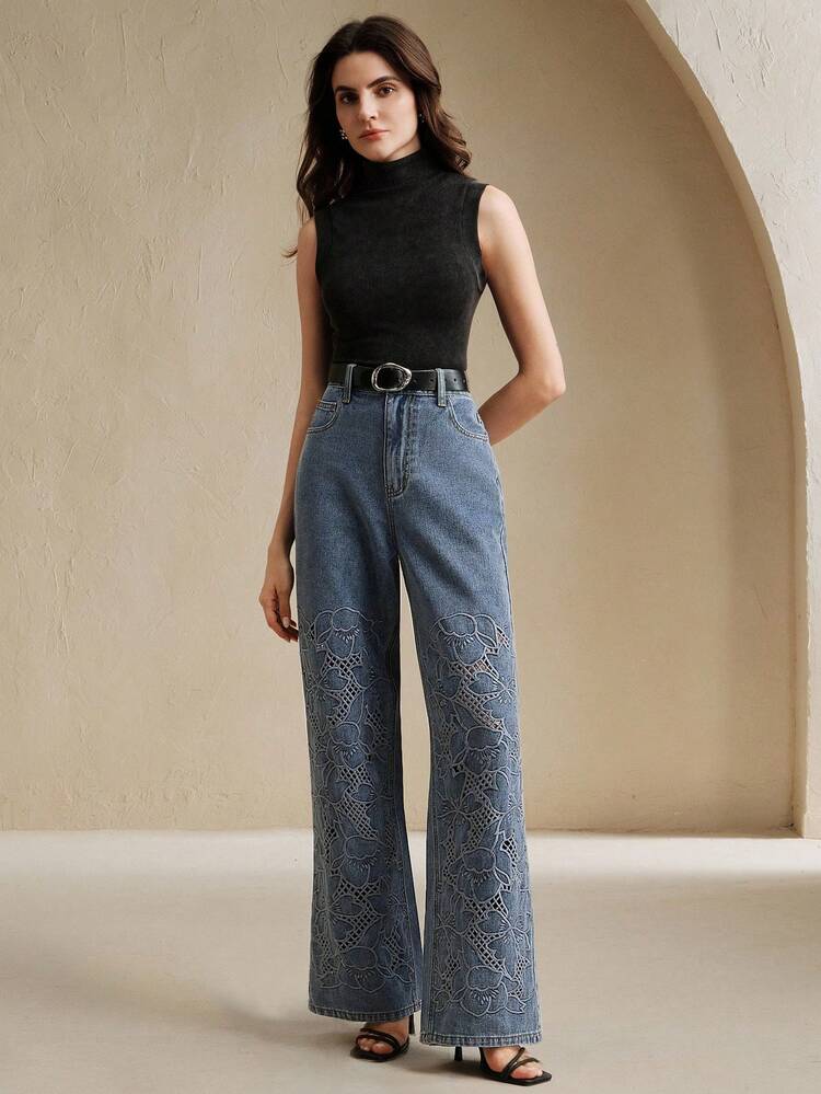 Anewsta Elaire Women's High Waist Fashion Embroidered Lace Loose Straight Wide Leg Jeans Pants