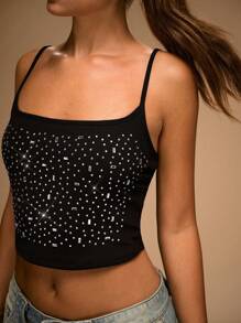 SHEIN BAE 女士休闲时尚水钻装饰性感短款吊带背心 - 黑色 - 查看 8